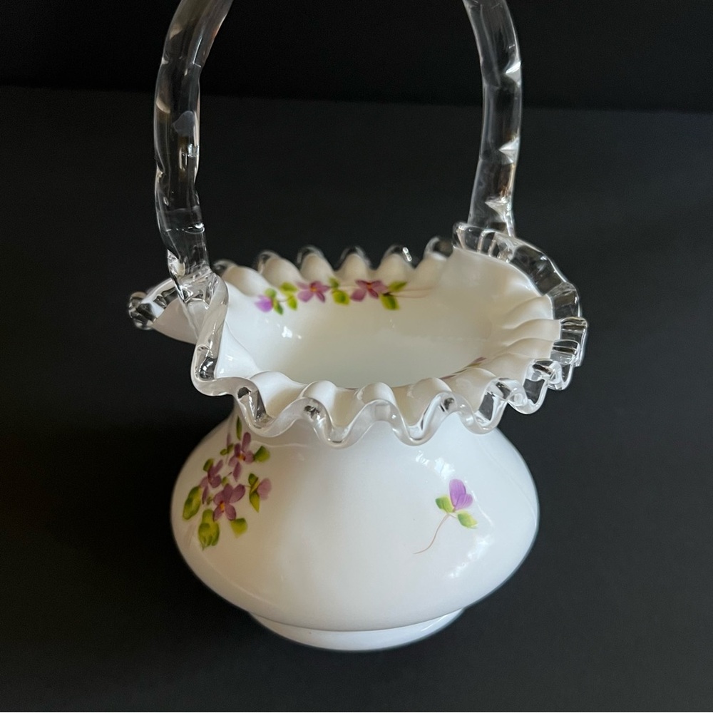 Fenton Milk Glass Floral Basket Ruffled Rim Candy Dish 8” Hand Painted